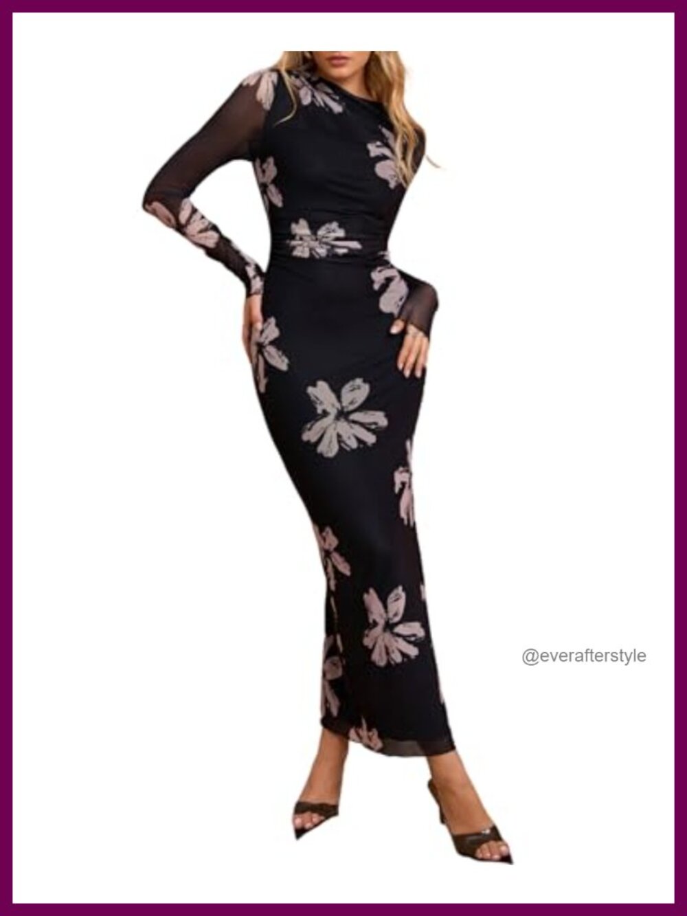 Women's Long Sleeve Mesh Bodycon Maxi Dress Mock Neck Formal Wedding Guest
